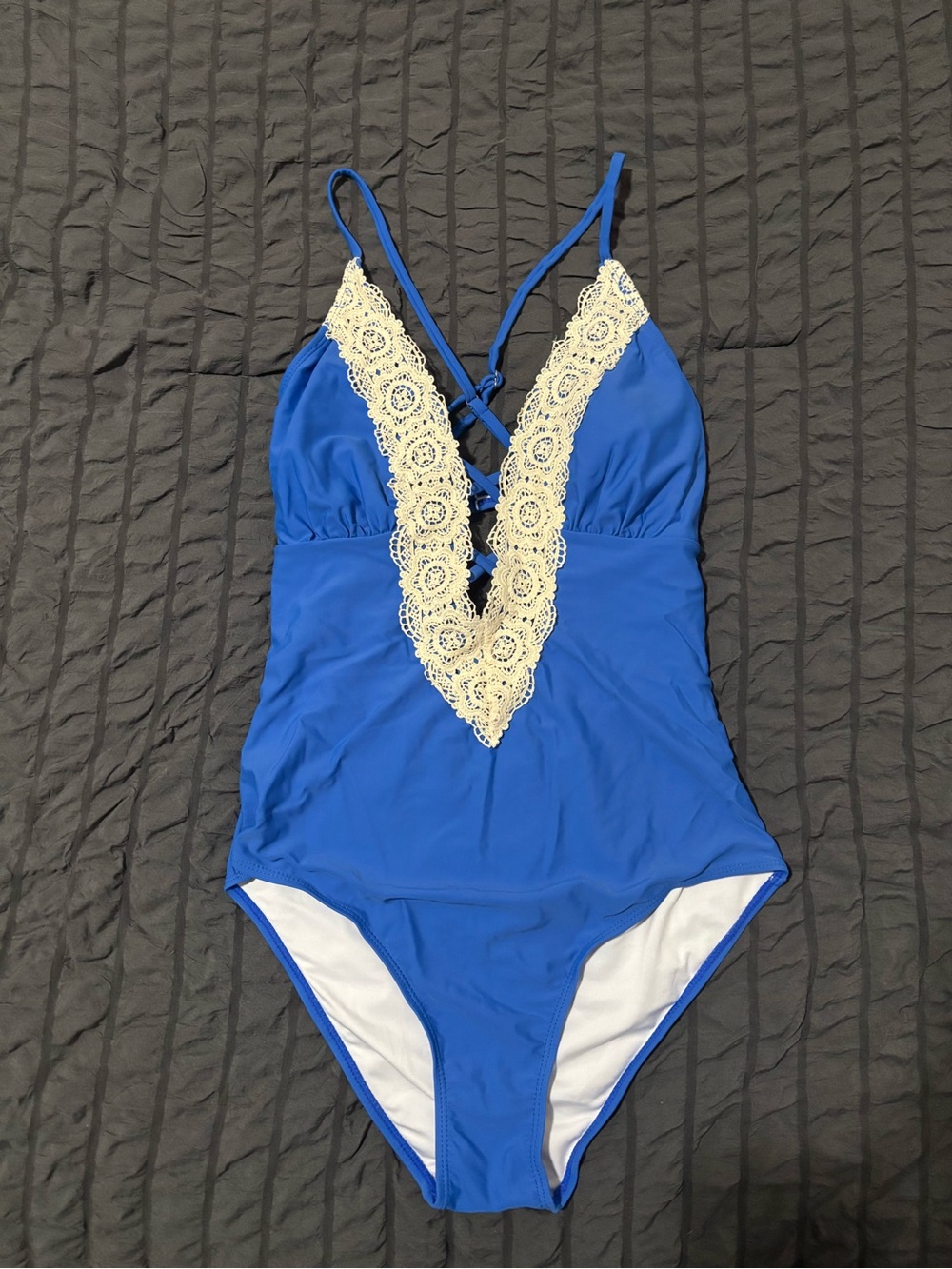 Cupshe Royal Blue One-Piece Swimsuit with Cream Lace V